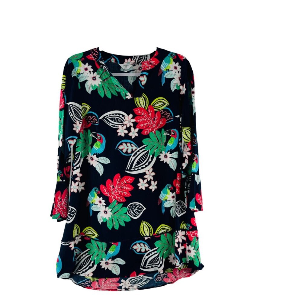 Crown & Ivy Petite‎ Floral Parrot Print Tunic Dress long Sleeve Size PS